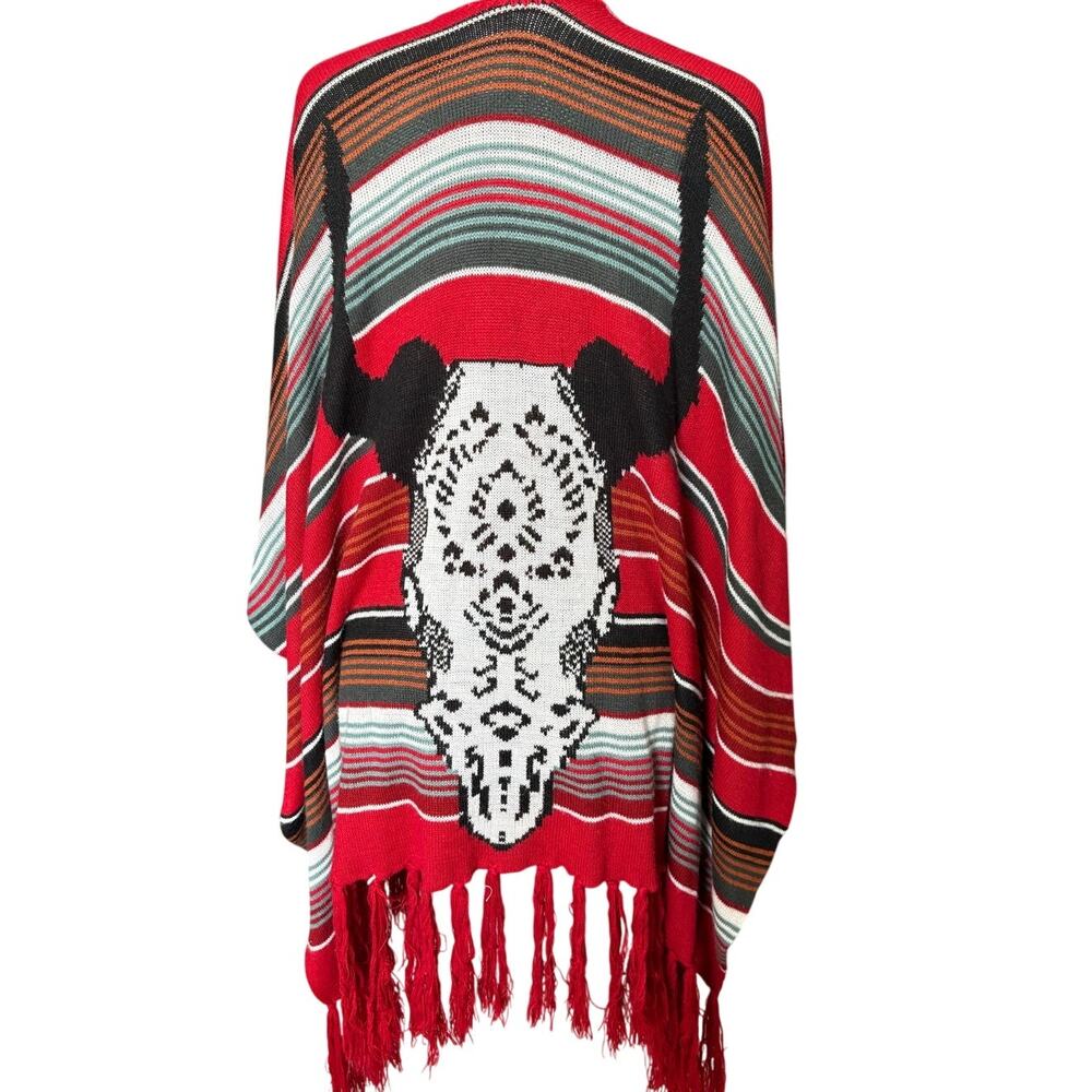 Southwestern Longhorn Skull Poncho One Size Red Serape Fringe Western Wrap